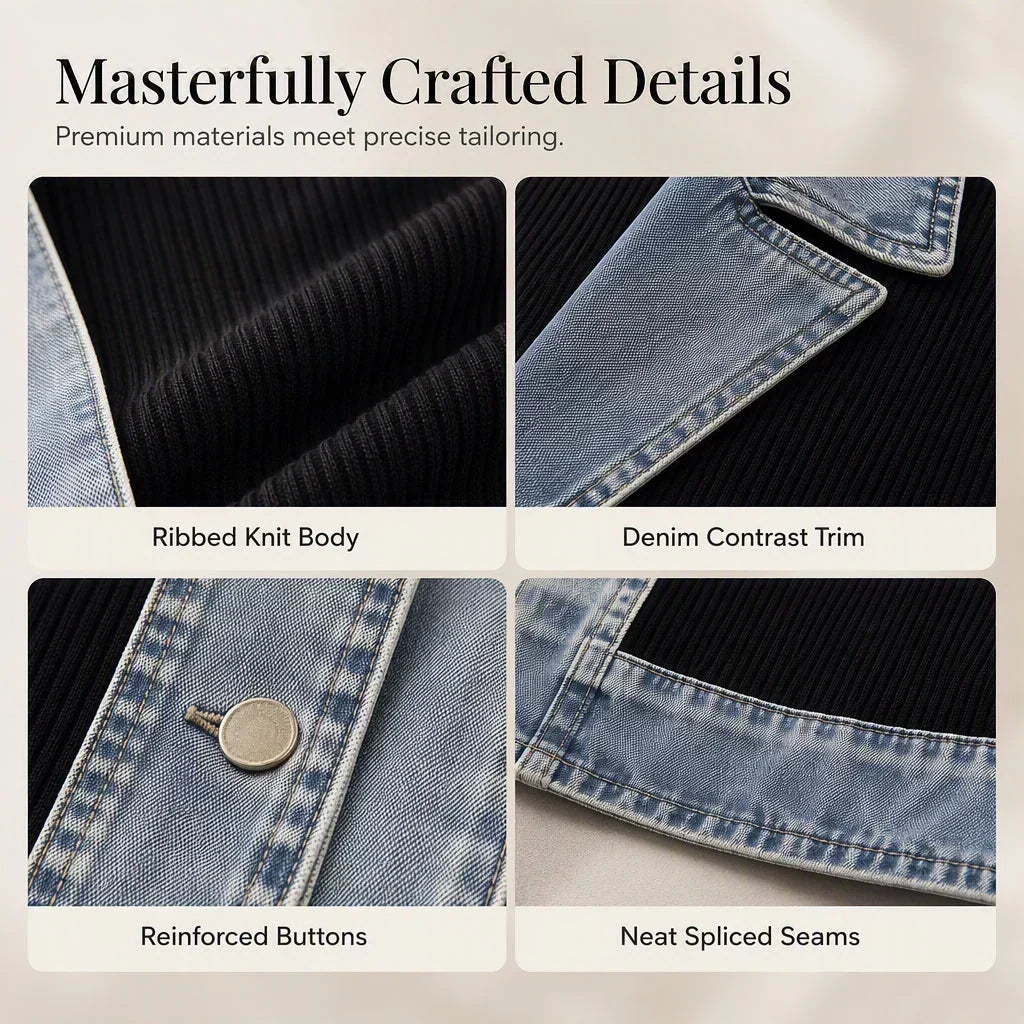 Four close-up details: ribbed knit body, denim contrast trim, reinforced button on denim placket, and spliced seam at the hem. 9