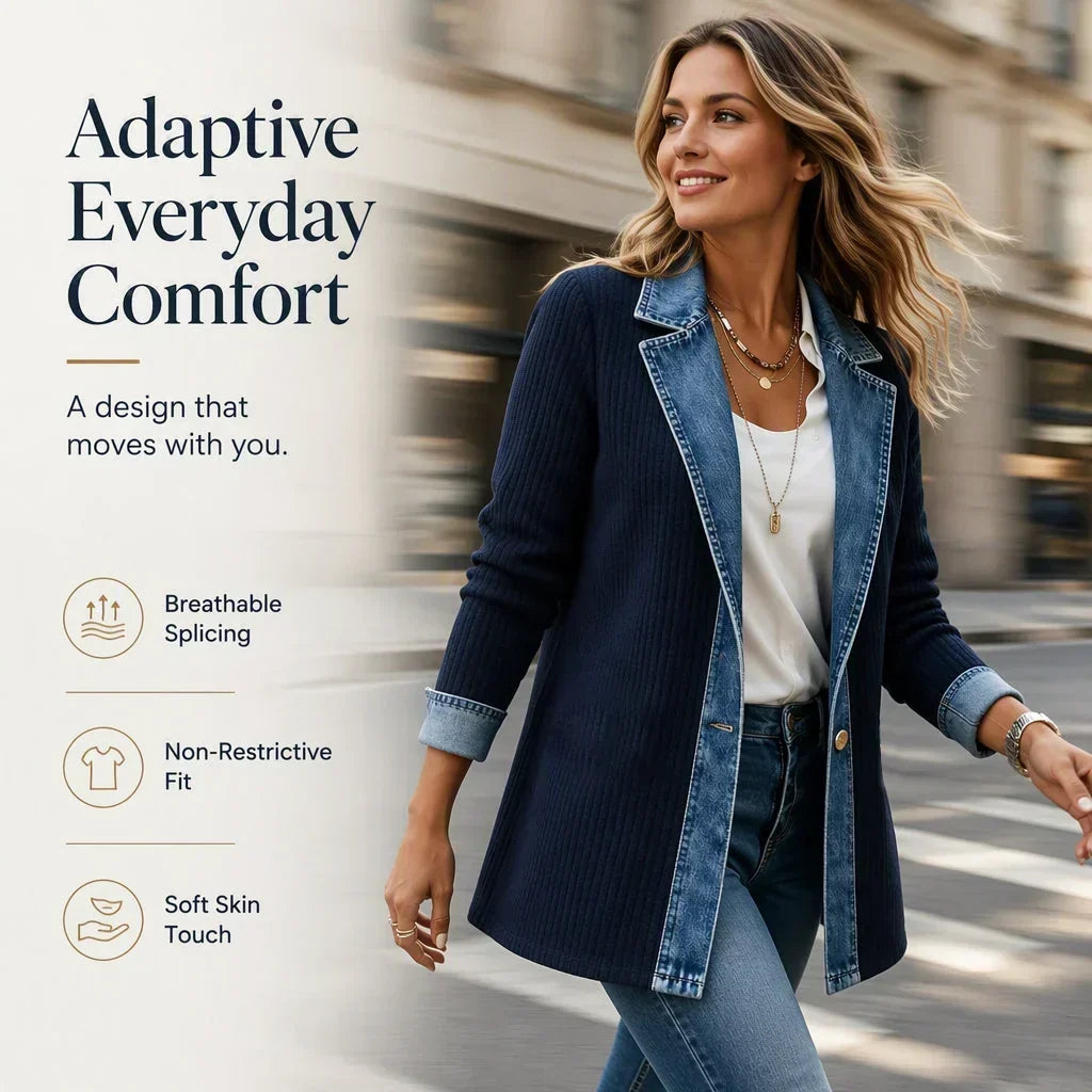 Woman walking briskly in the navy ribbed coat with denim lapels and gold buttons, hair blowing, city street behind her. 11