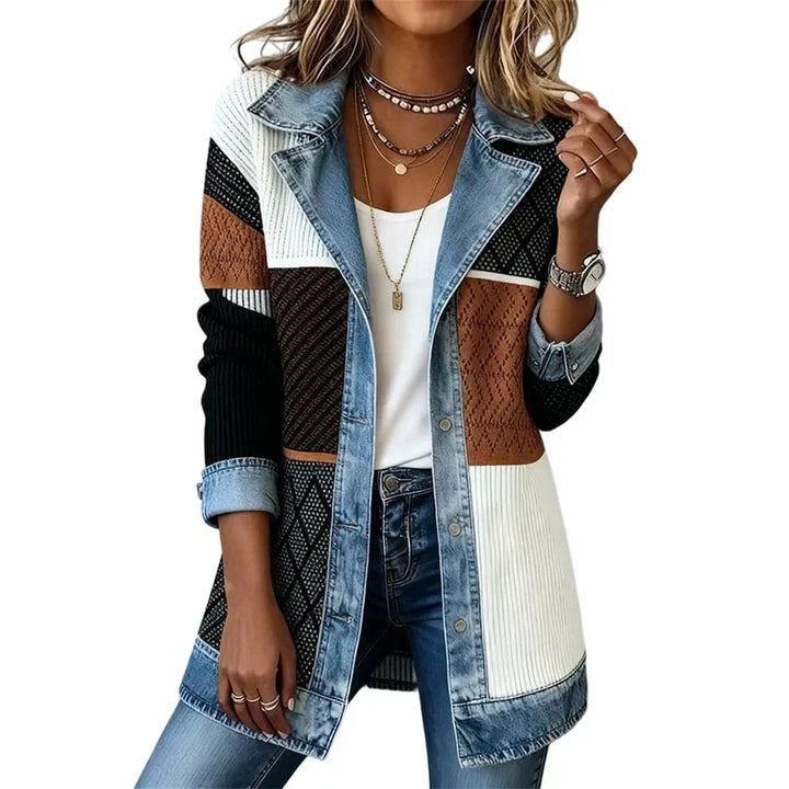 Model wearing the patchwork version with white, brown and black knit panels, denim lapels and denim cuffs. 15