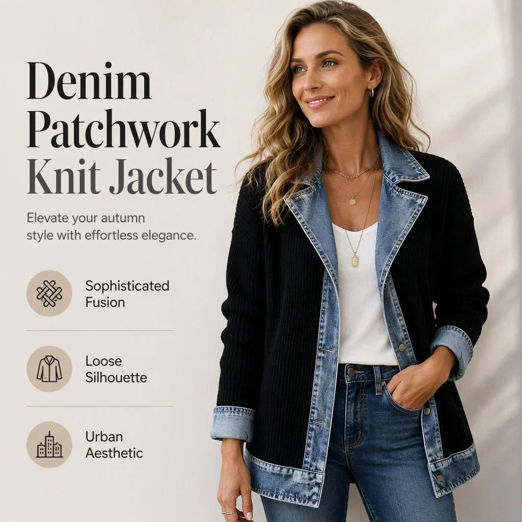 Woman posing with one hand in her jeans pocket in the black coat with denim lapels, beside a feature list. 4