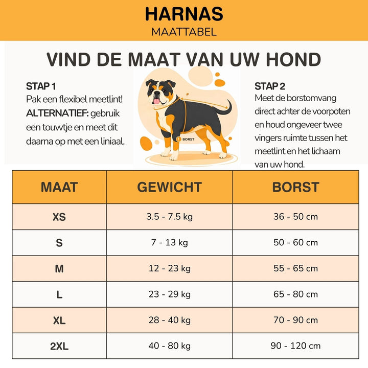 Harness size chart showing how to measure a dog's chest, with weight and chest ranges for sizes XS to 2XL.