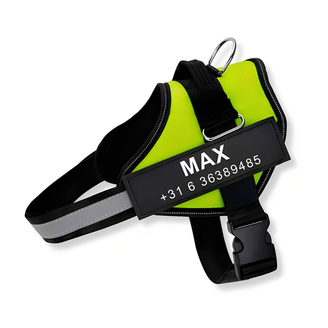 Lime green harness on a white background with a personalized name and number patch, reflective strap, metal leash ring and plastic buckle.