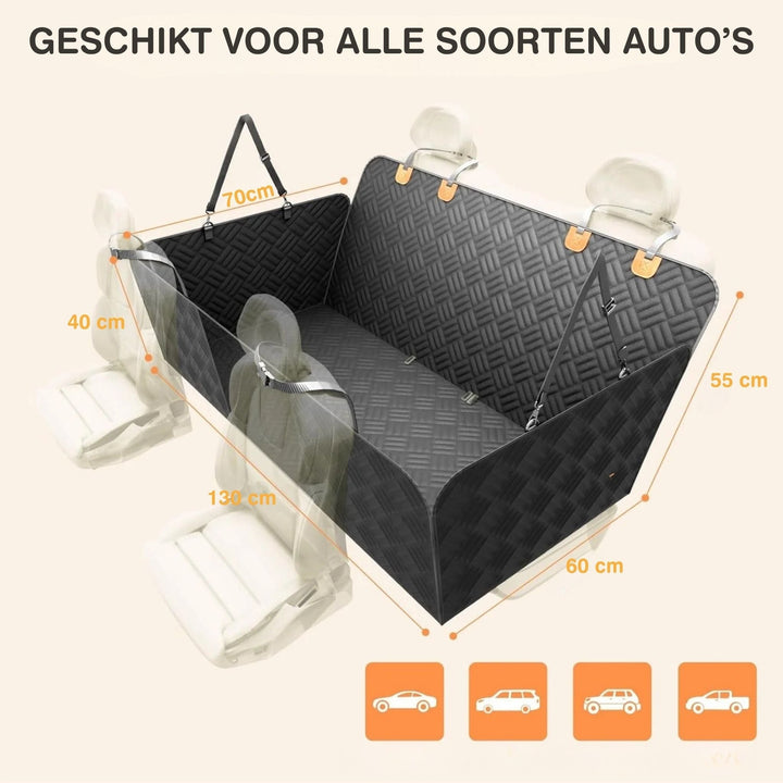 Black dog back seat extender diagram with dimensions and vehicle icons
