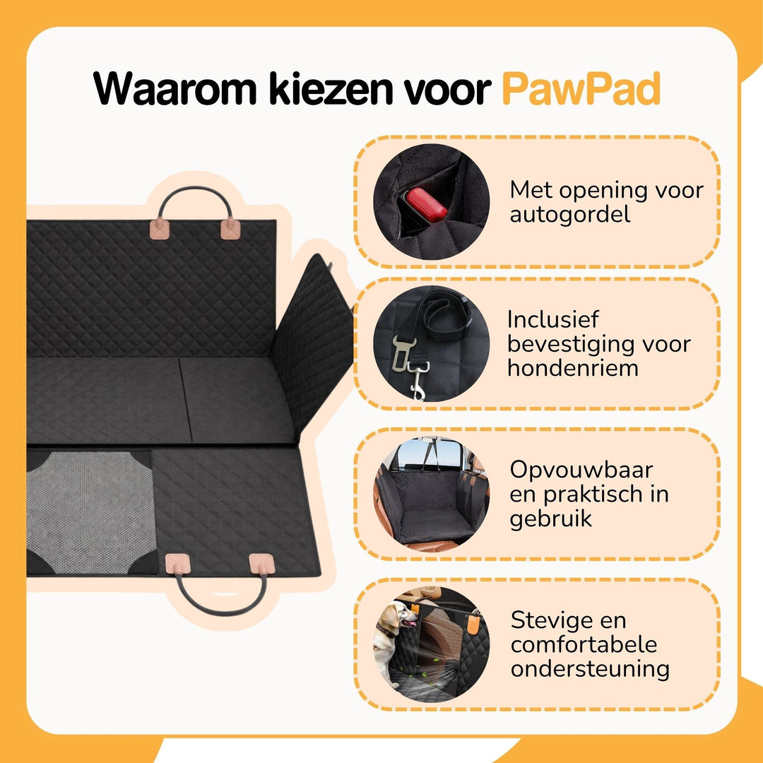 Black dog back seat extender feature graphic showing close-ups of the cover and support details