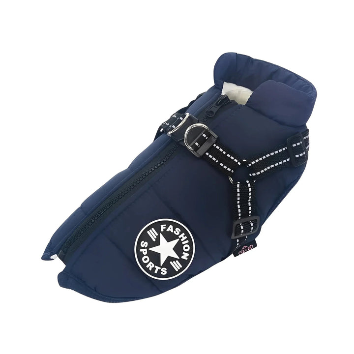 Navy padded coat with padded collar, zipper and black reflective harness, shown on a white background 18