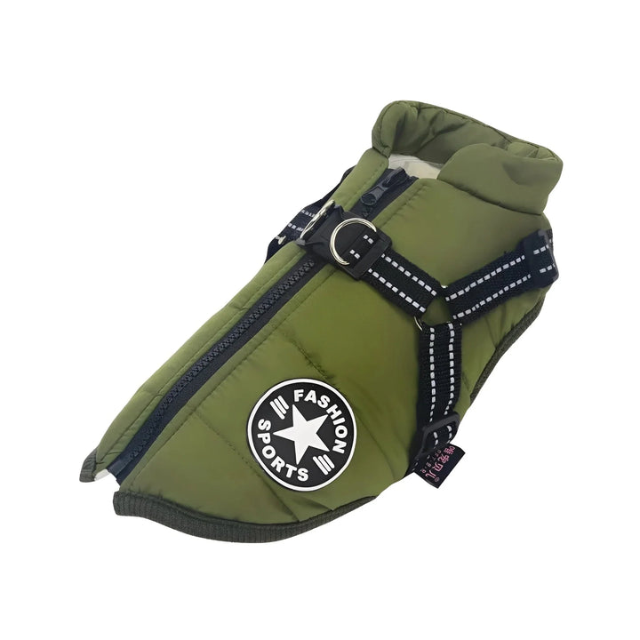 Olive green padded coat with front zipper, black reflective harness straps and round patch on a white background 16