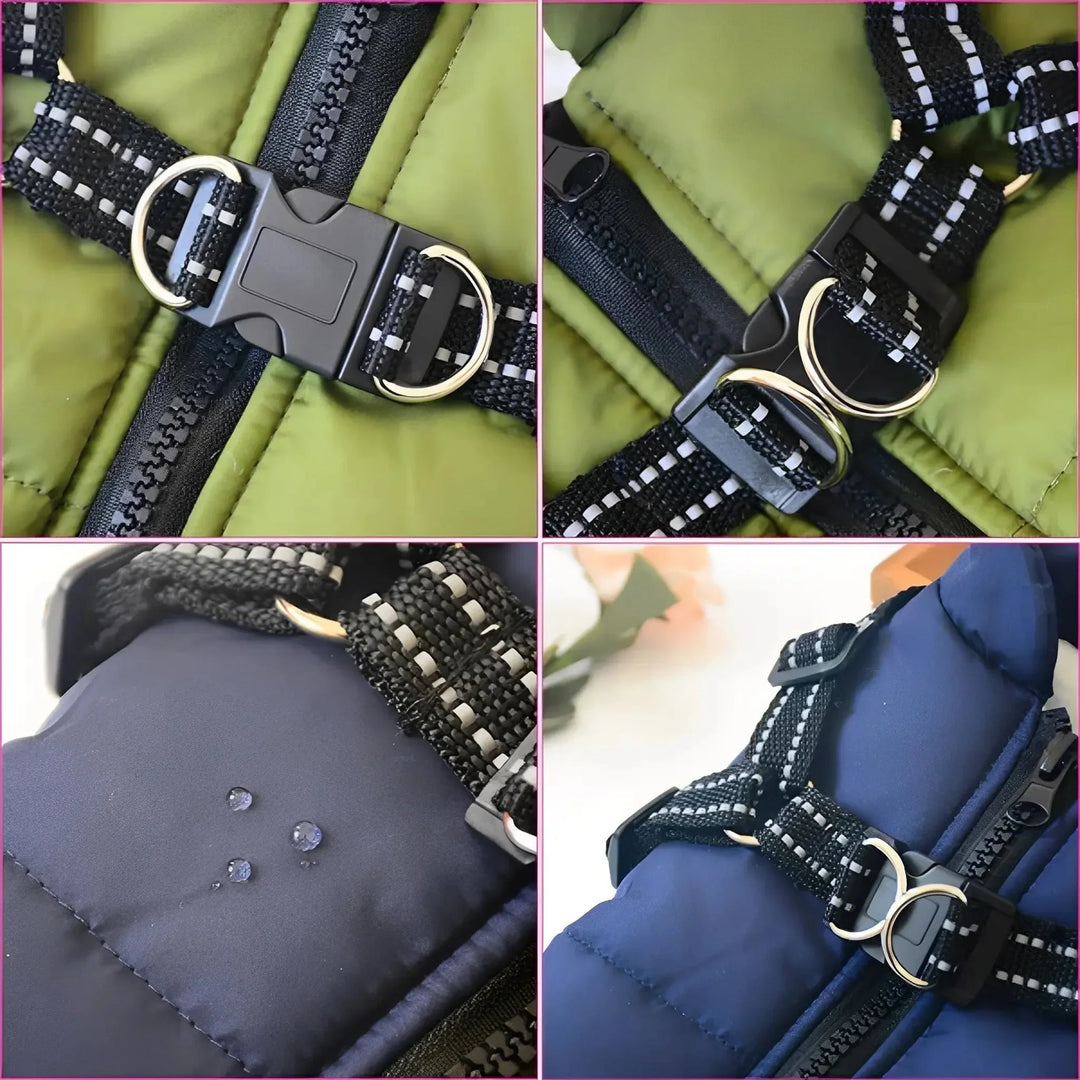 Four close-ups of the harness buckle, D-rings, zipper and water droplets beading on the padded fabric 8