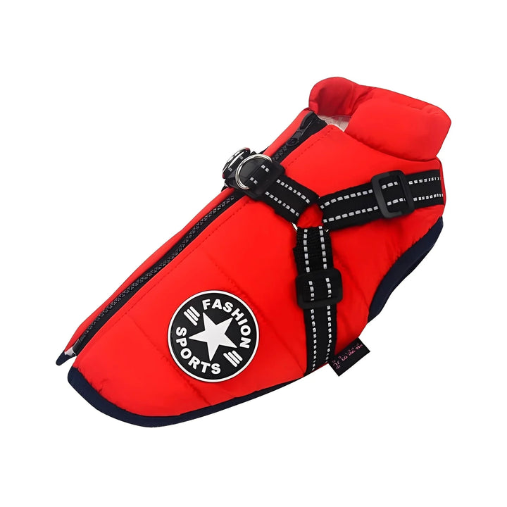 Red padded coat with navy trim, black reflective harness straps and round patch on a white background 19
