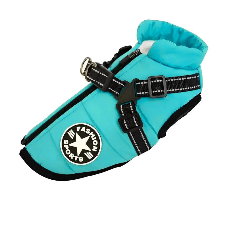 Turquoise padded coat with black harness straps, buckles and star patch, shown on a white background 15