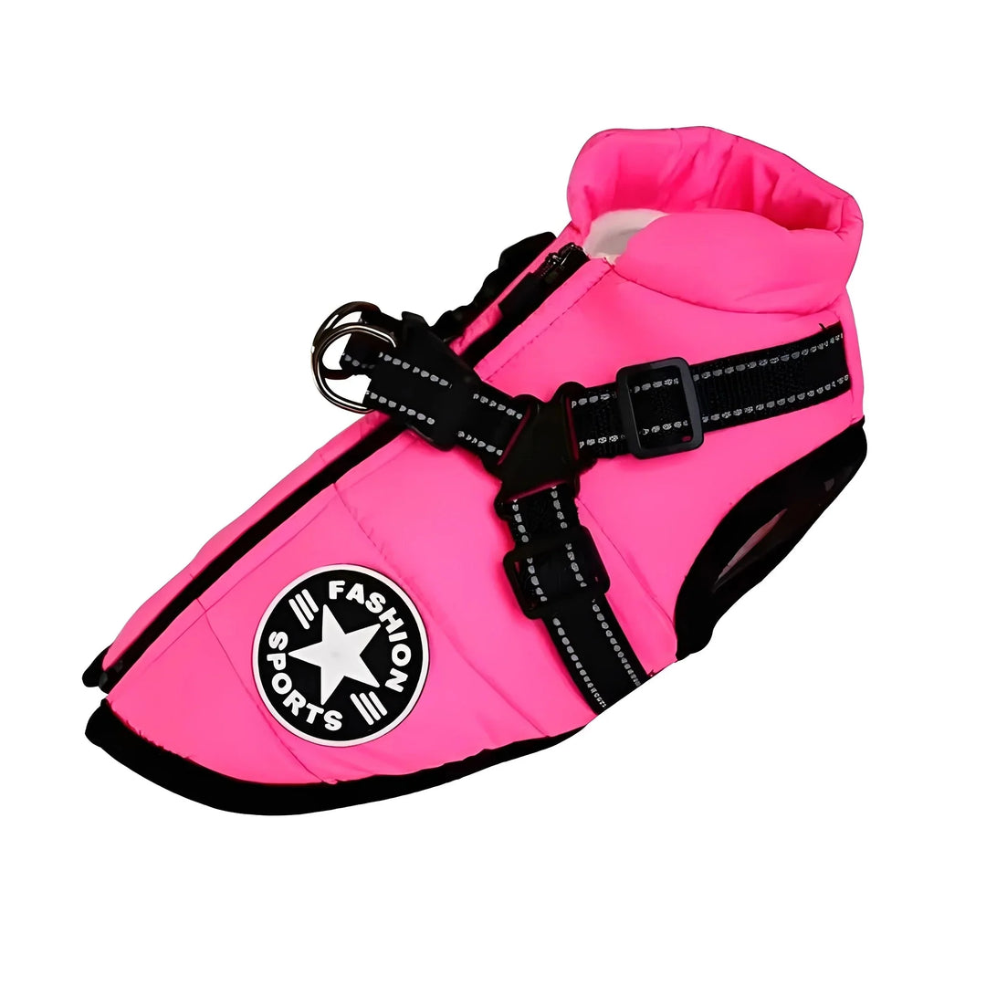 Bright pink padded coat with black reflective harness straps and star patch, shown on a white background 14