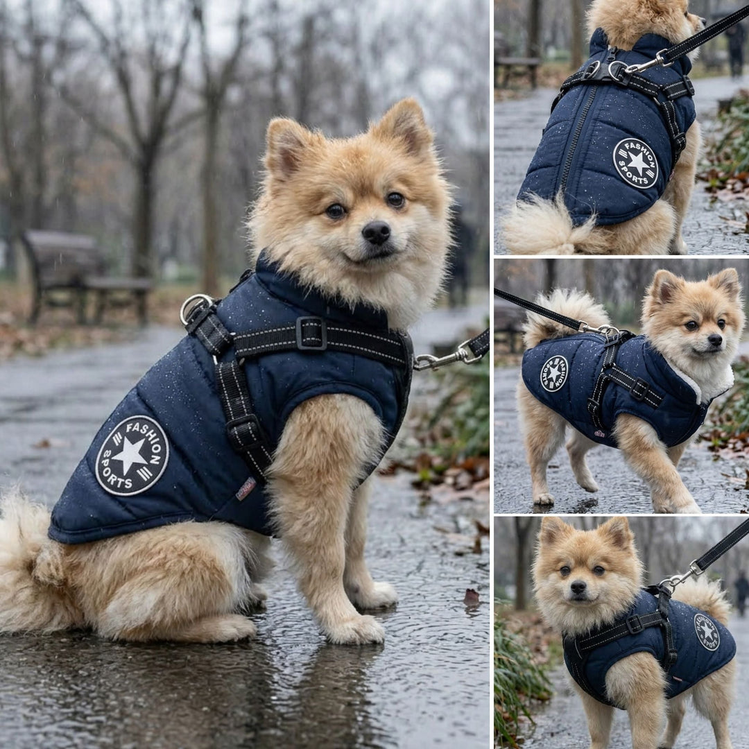 Collage of a small fluffy dog in the navy coat on a rainy park path, seen from several angles 6