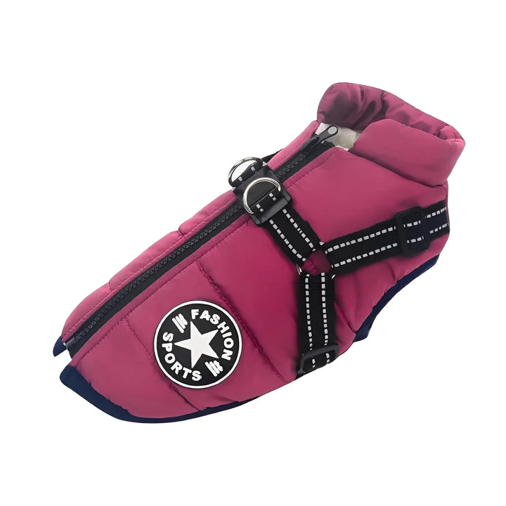 Burgundy padded coat with black reflective harness straps, zipper and round patch, shown on a white background 17
