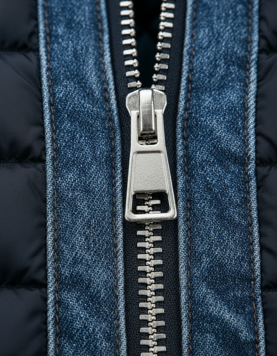 Men's blue quilted denim jacket detail of the silver zipper pull and teeth with contrast stitching.