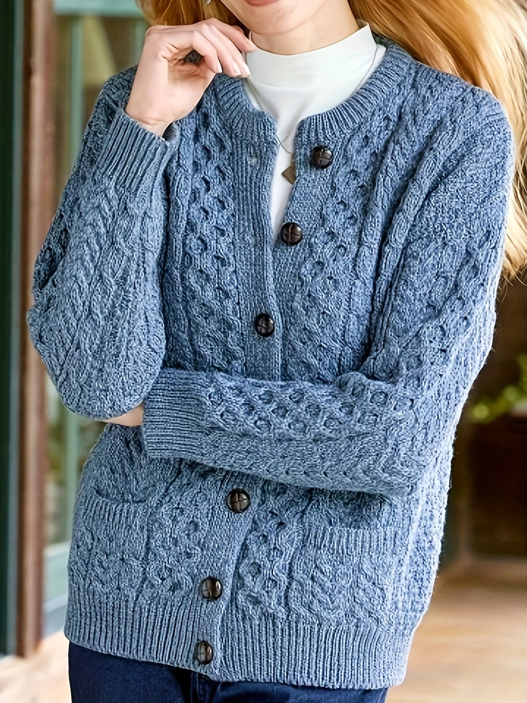 Plain Knitted Cardigan with Button Closure and Pockets - Olivia-Blue-S-Nora Luxe
