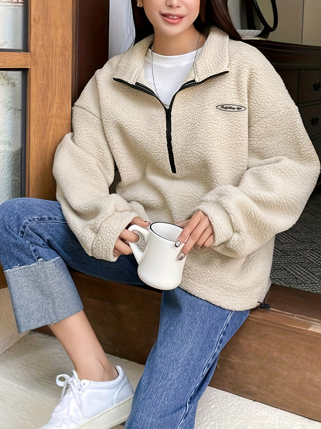 Plain Pullover Sweatshirt with Zipper - Nina-Green-S-Nora Luxe