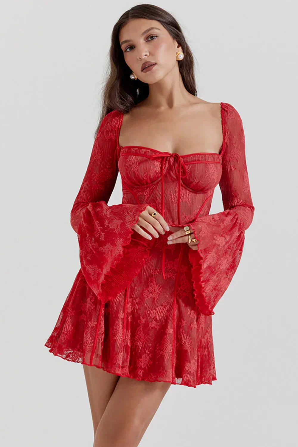Playful lace mini dress with long sleeves – Arielle-Black-S-Nora Luxe