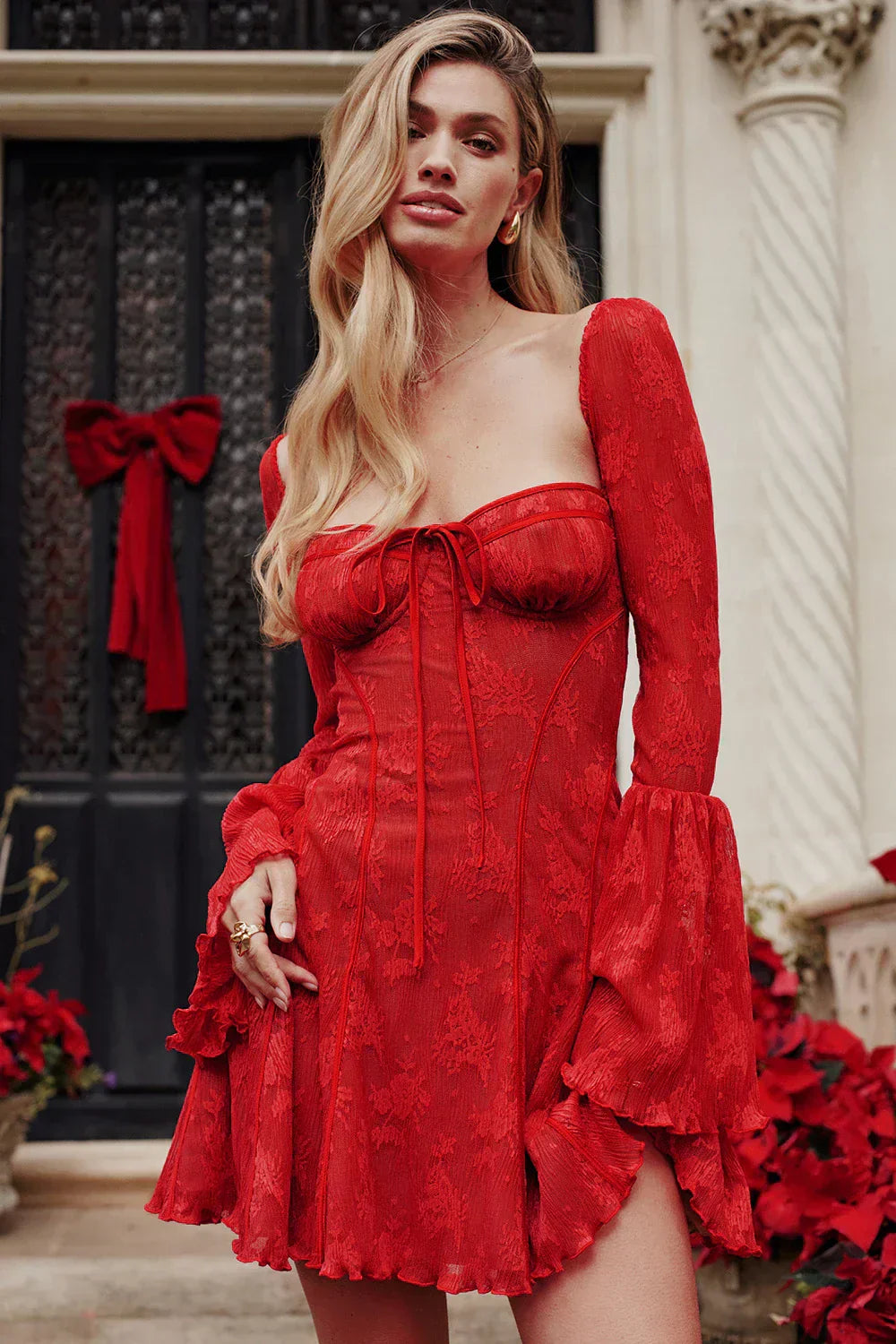 Playful lace mini dress with long sleeves – Arielle-Red-S-Nora Luxe