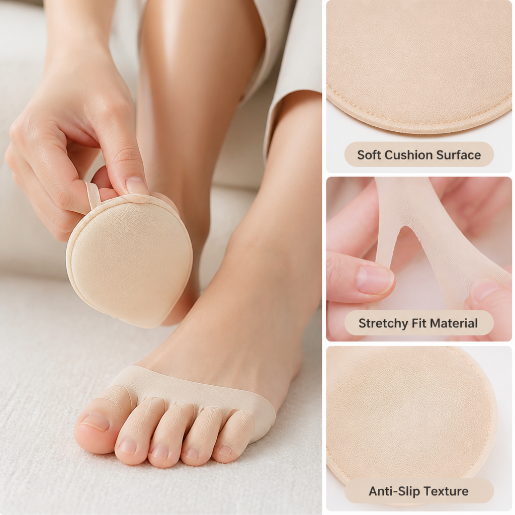Collage of a hand holding a beige forefoot cushion beside a worn pair, with close-ups of the pad surface and toe loops.