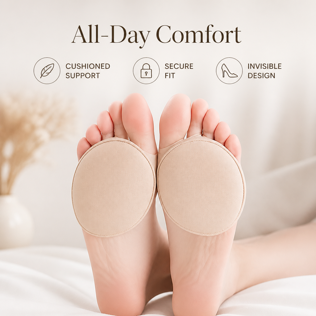 Soles of both bare feet turned up wearing beige forefoot cushions, with feature icons above.