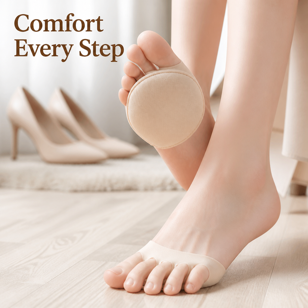 Beige forefoot cushion with round pad shown on a bare foot, with high heels blurred behind.