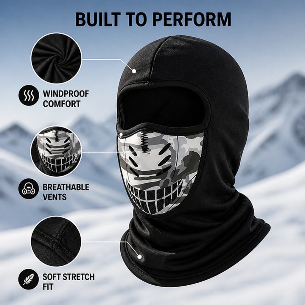 Balaclava in three-quarter view with close-up circles of the fabric weave, vented mouth panel and stitched edge 4