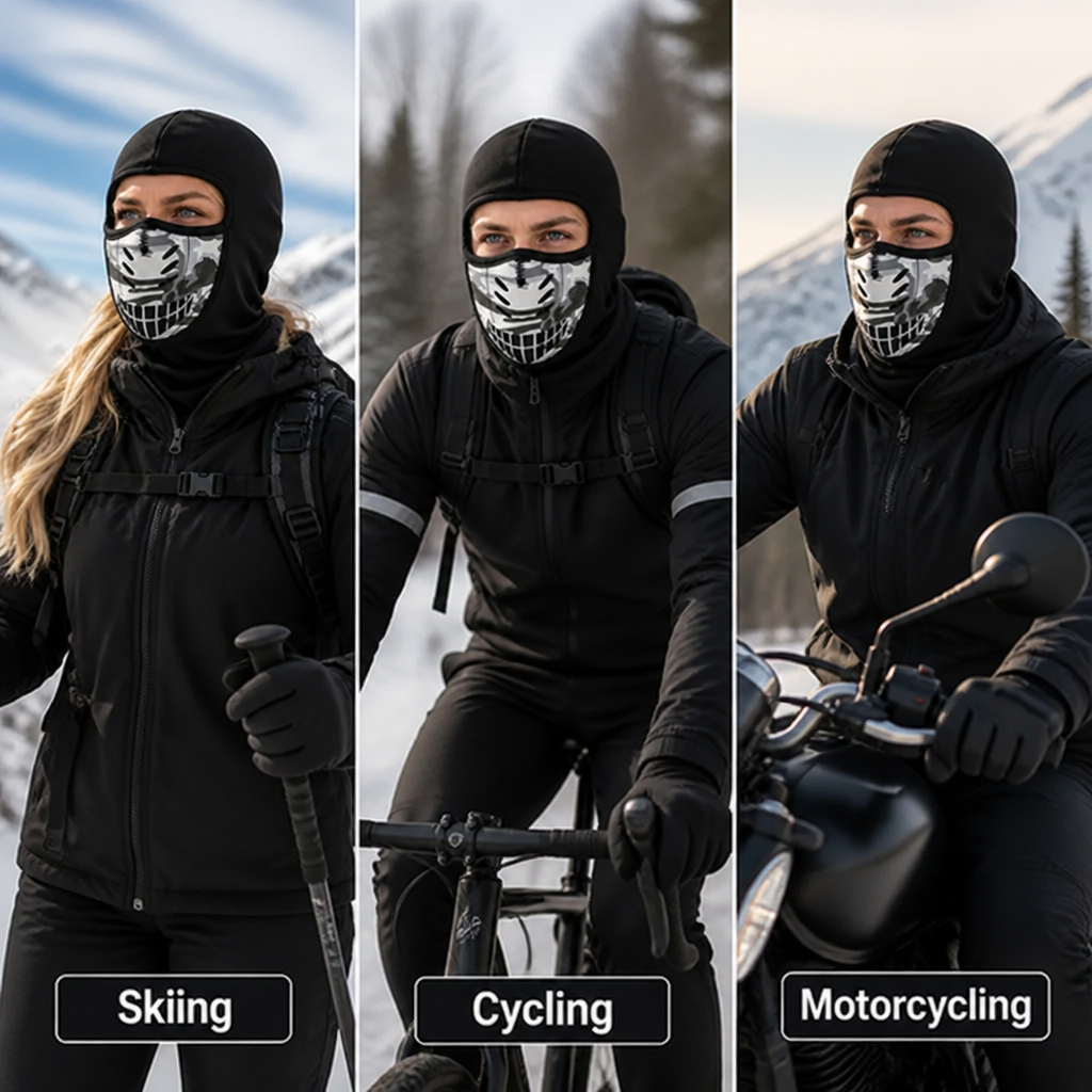 Three wearers in the camo-panel balaclava while skiing, cycling and riding a motorcycle in winter 5