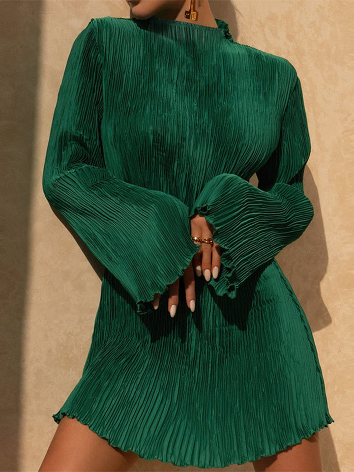 Plissé Flare Dress - Liva-Green-S-Nora Luxe