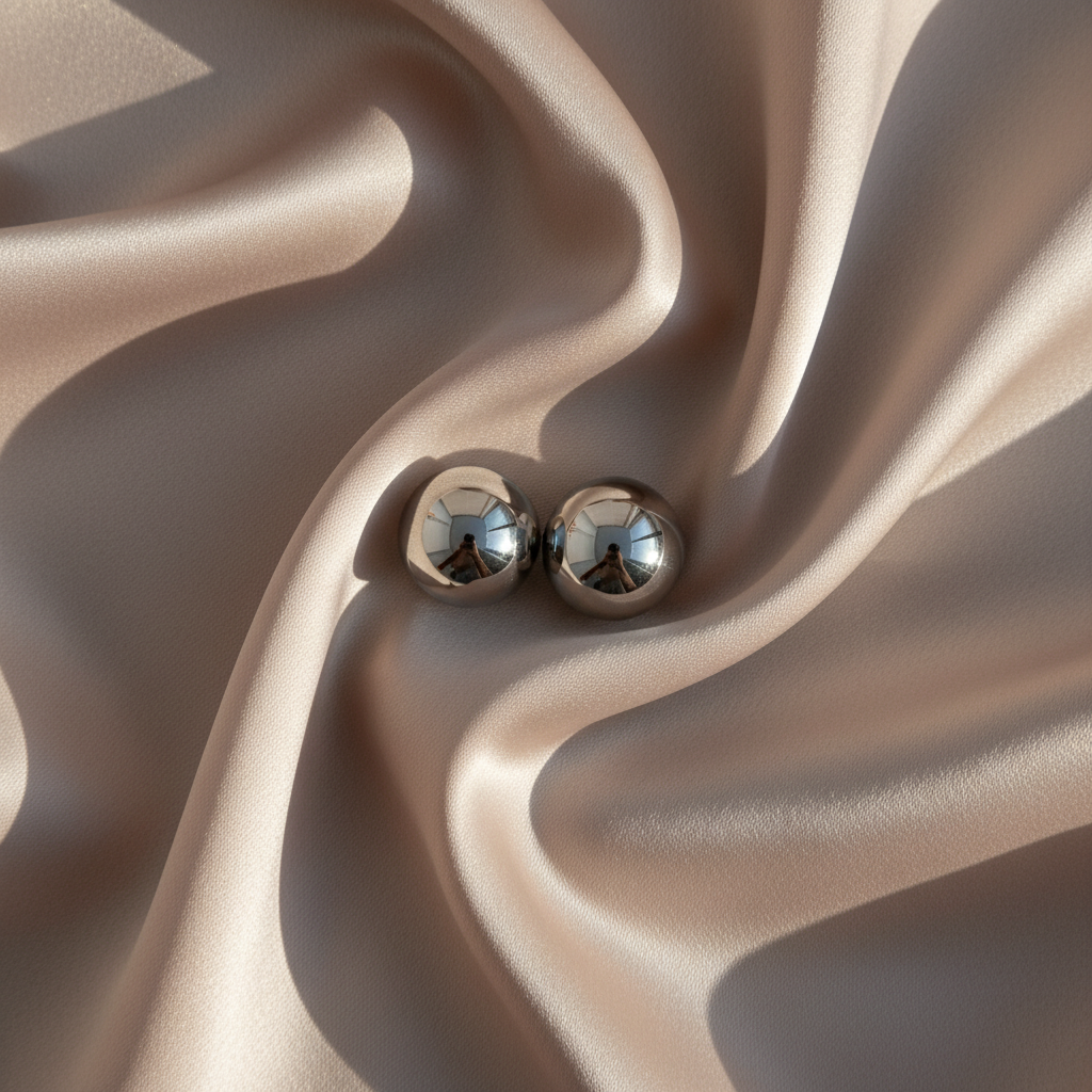 Pair of polished silver magnetic balls on folded blush satin fabric.