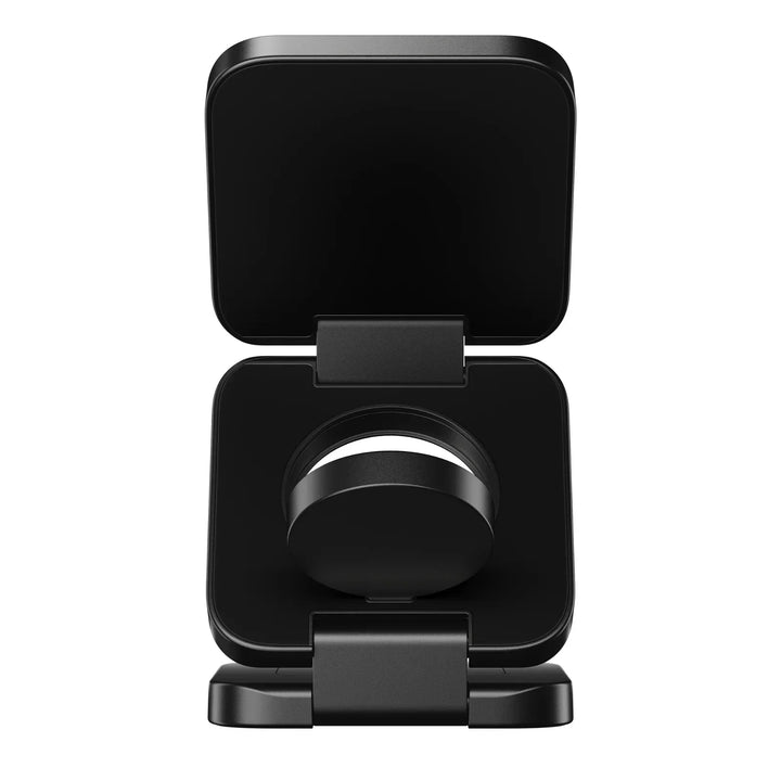 Back view of the black foldable magnetic wireless charging station with its panels raised.