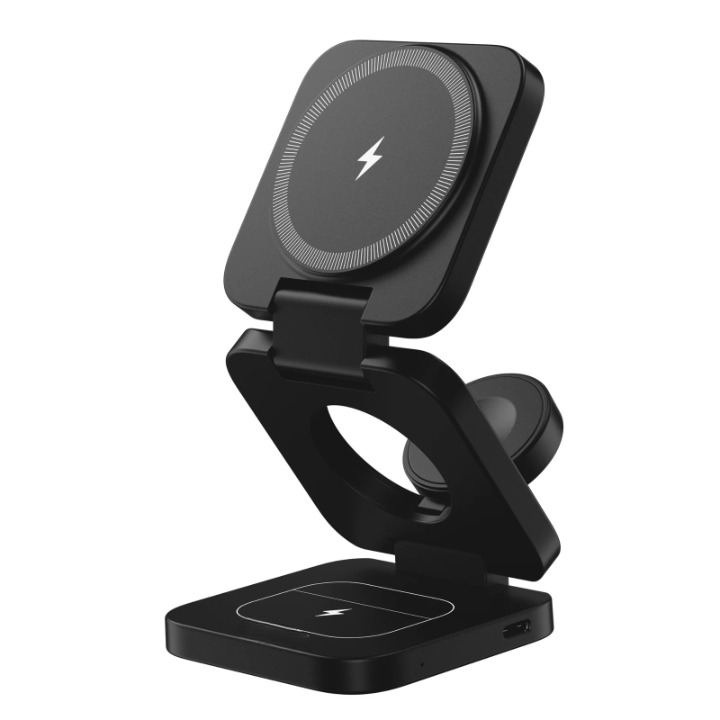 Empty black foldable magnetic wireless charging station unfolded upright, showing the phone pad, watch cradle and earbuds pad.
