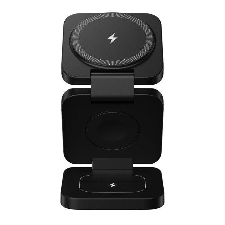 Front view of the empty black foldable magnetic wireless charging station with three folding panels.