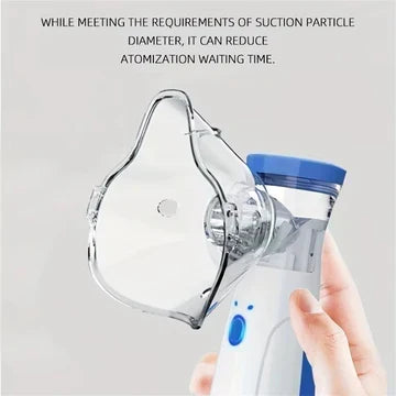 Hand holding the nebulizer with its clear mask attached from the side.