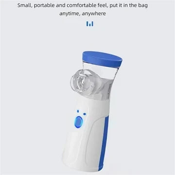Slim nebulizer with mouthpiece attachment and blue cap shown to highlight its compact size.