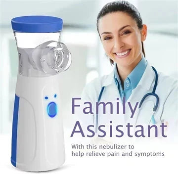 Blue and white handheld nebulizer detail beside a smiling woman in a white coat with a stethoscope.