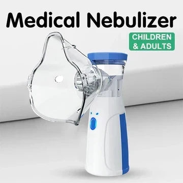 Blue and white nebulizer with attached clear face mask on a plain background.