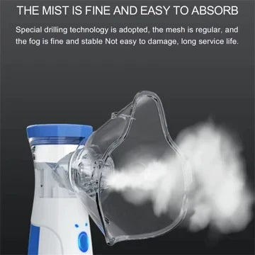 Close-up of the clear mask releasing a dense, fine cloud of mist.