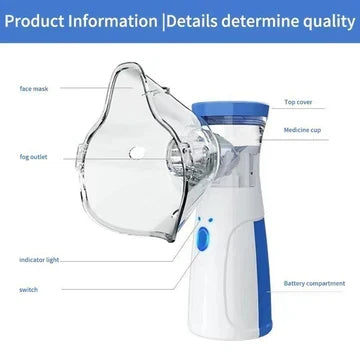 Labeled diagram of the nebulizer showing the face mask, fog outlet, indicator light, switch, top cover, medicine cup and battery compartment.