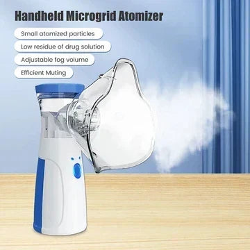 Nebulizer with mask producing a stream of mist indoors.