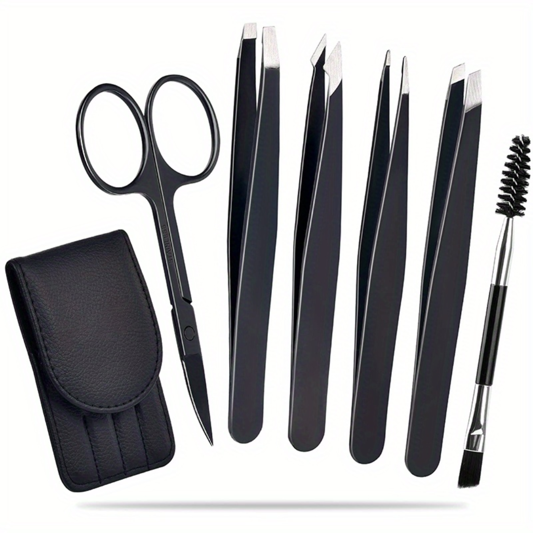 Precision Tweezer Set - 6-piece for Eyebrows with Travel Case-Black-Nora Luxe
