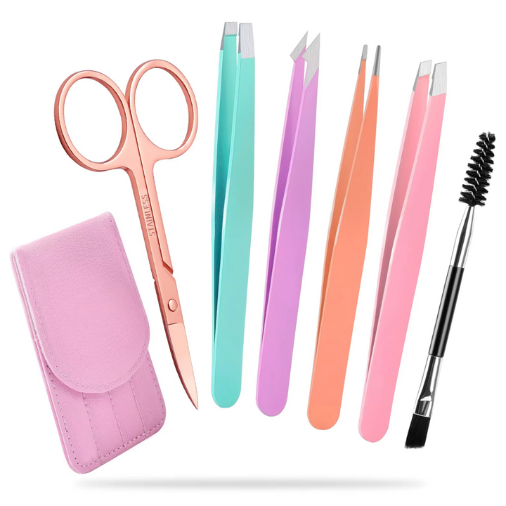Precision Tweezer Set - 6-piece for Eyebrows with Travel Case-Multicolored-Nora Luxe