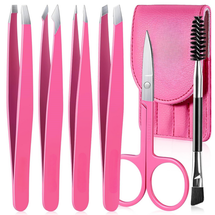 Precision Tweezer Set - 6-piece for Eyebrows with Travel Case-Pink-Nora Luxe