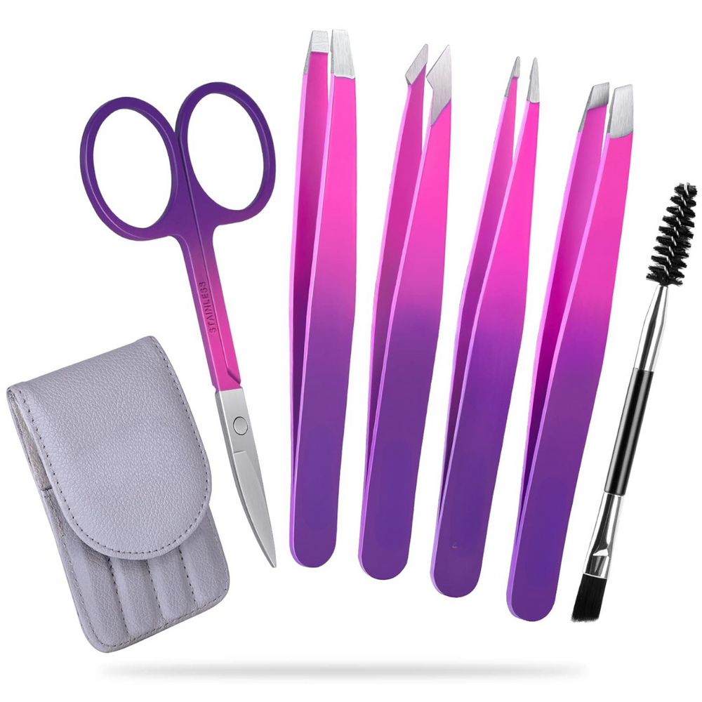 Precision Tweezer Set - 6-piece for Eyebrows with Travel Case-Purple-Nora Luxe