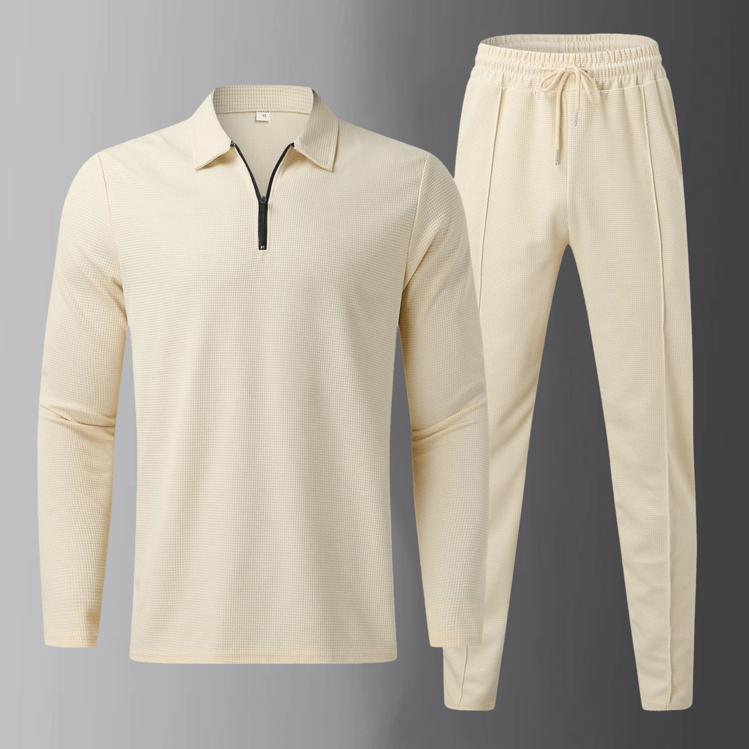 Premium men's leisure set with long-sleeve shirt and joggers – Elian-Beige-S-Nora Luxe