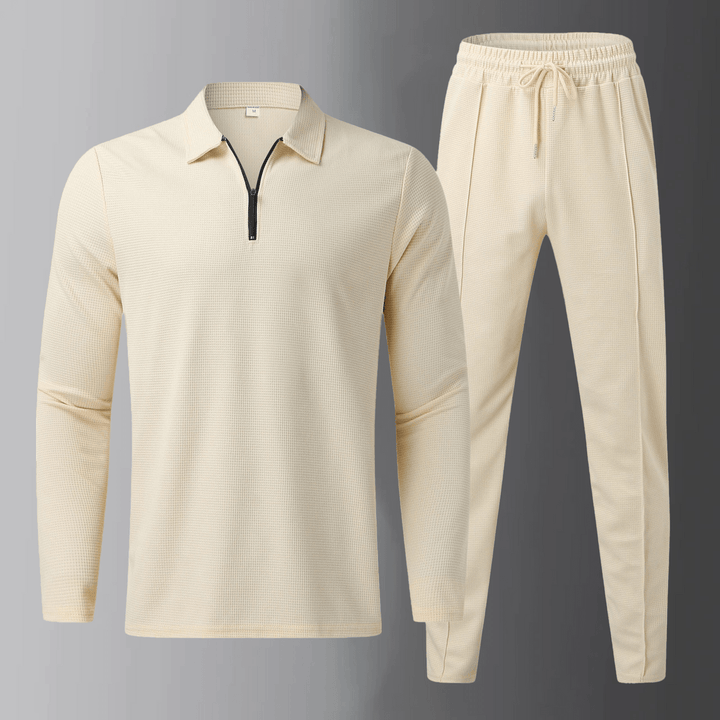 Premium men's leisure set with long-sleeve shirt and joggers – Elian-Beige-S-Nora Luxe