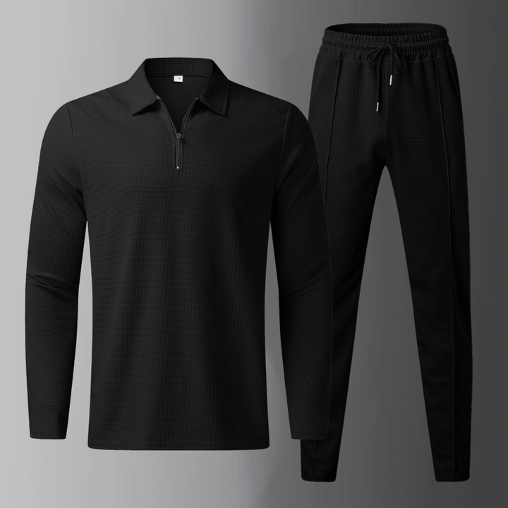 Premium men's leisure set with long-sleeve shirt and joggers – Elian-Black-S-Nora Luxe