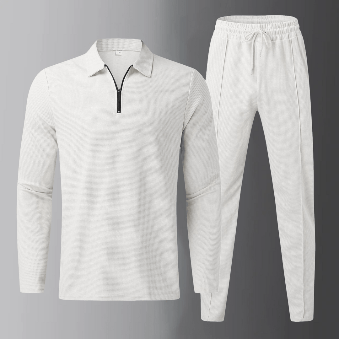 Premium men's leisure set with long-sleeve shirt and joggers – Elian-White-S-Nora Luxe