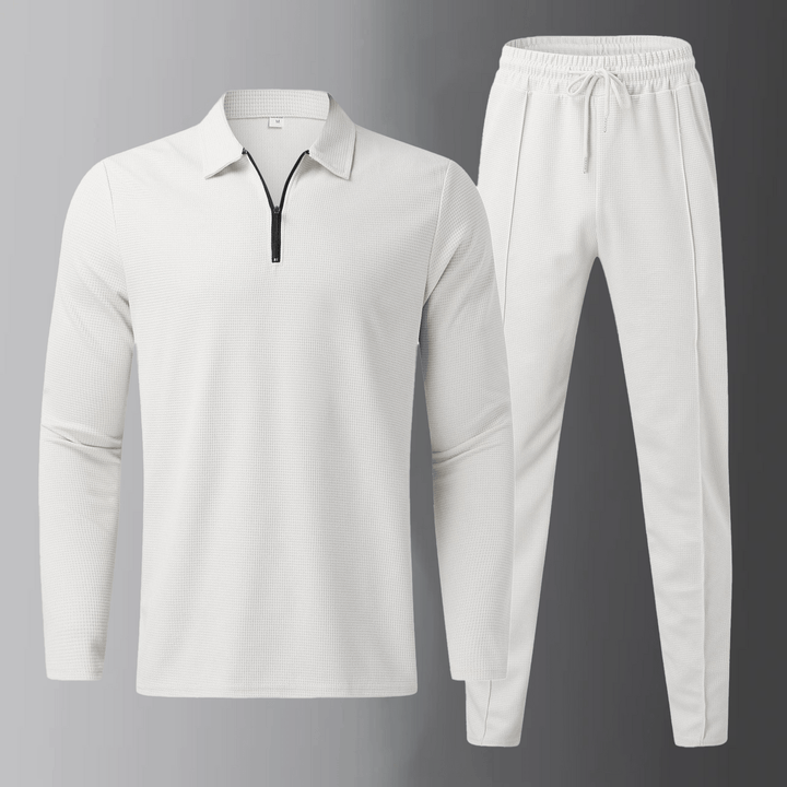 Premium men's leisure set with long-sleeve shirt and joggers – Elian-White-S-Nora Luxe