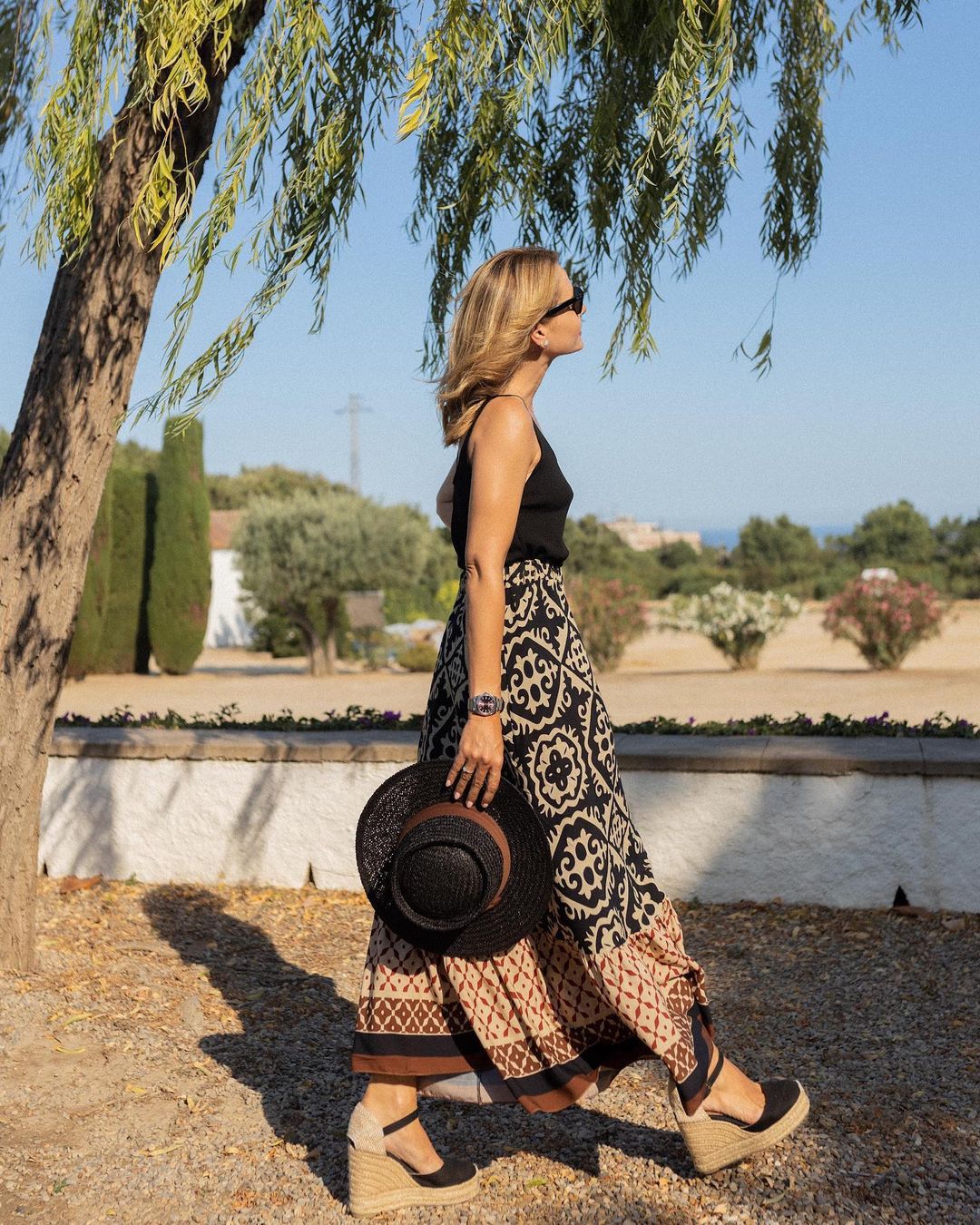 Printed Boho maxi skirt with a flowing cut & fringes – Yalina-Green-S-Nora Luxe