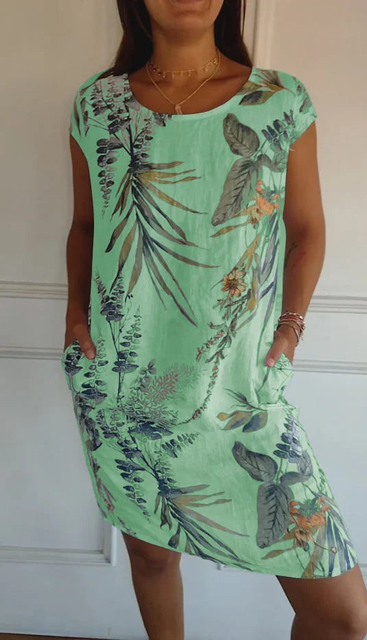 Printed dress with round neckline – Eveline-Green-S-Nora Luxe