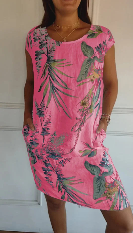 Printed dress with round neckline – Eveline-Pink-S-Nora Luxe